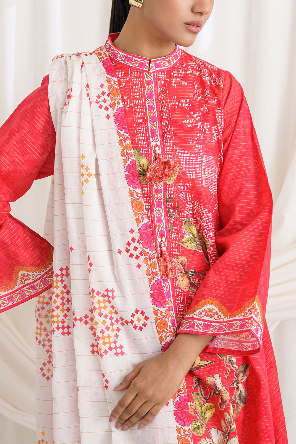 3 Piece Printed Mehsuri Stripe Lawn Suit With Printed Mehsuri Stripe Lawn Dupatta And Dyed Trouser