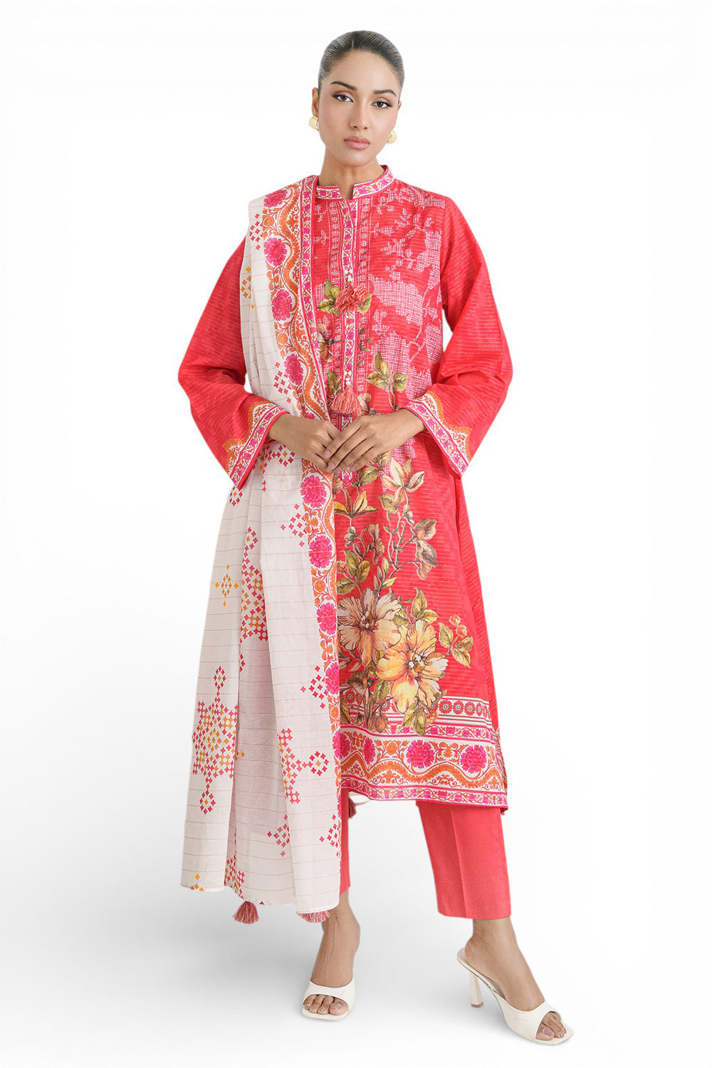 3 Piece Printed Mehsuri Stripe Lawn Suit With Printed Mehsuri Stripe Lawn Dupatta And Dyed Trouser