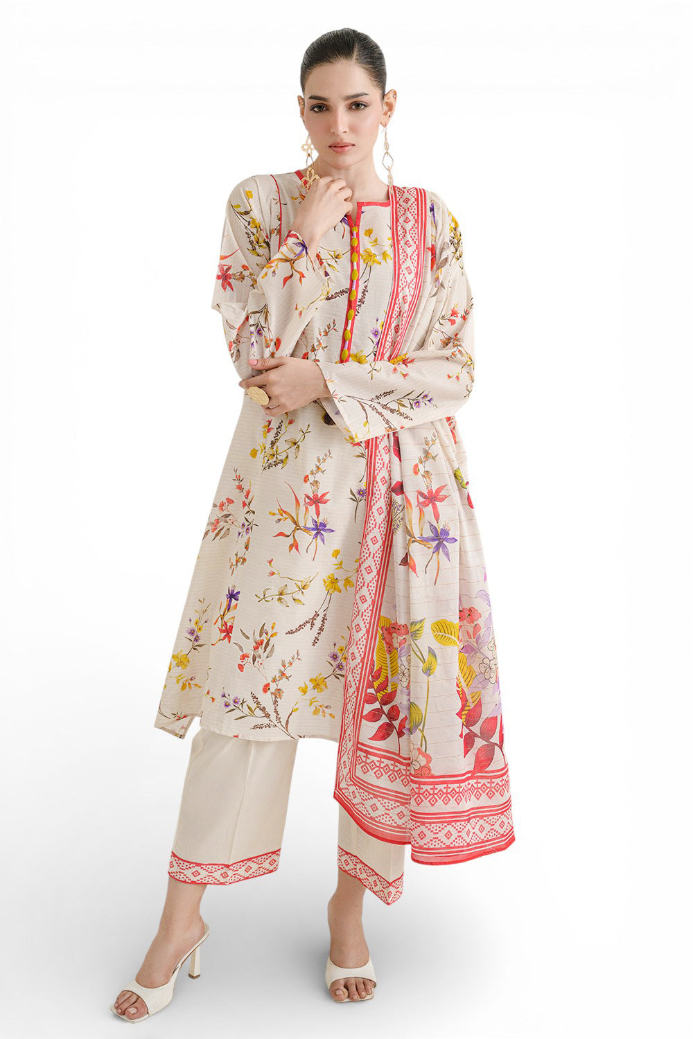 3 Piece Printed Mehsuri Stripe Lawn Suit with Printed Mehsuri Stripe Lawn Dupatta and Dyed Trouser