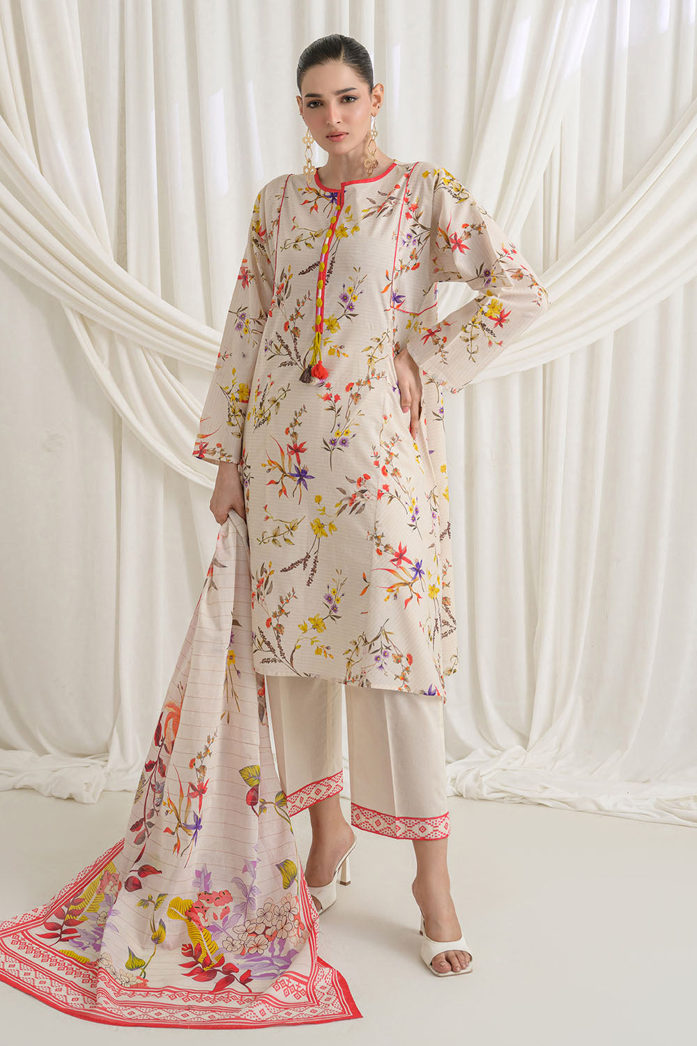 3 Piece Printed Mehsuri Stripe Lawn Suit with Printed Mehsuri Stripe Lawn Dupatta and Dyed Trouser
