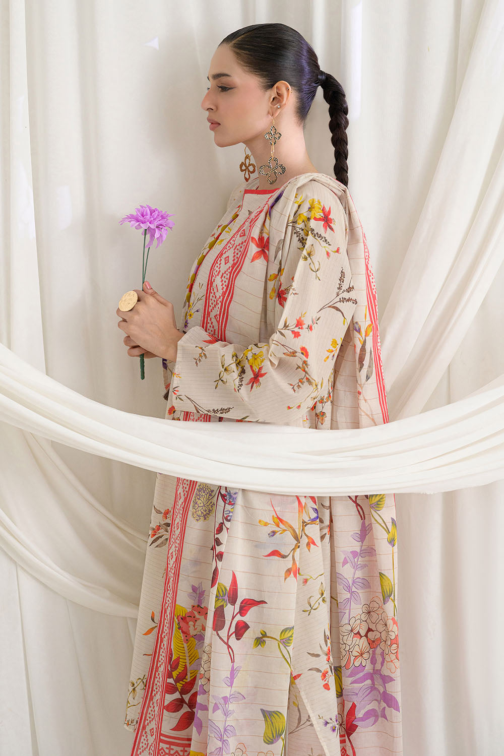 3 Piece Printed Mehsuri Stripe Lawn Suit with Printed Mehsuri Stripe Lawn Dupatta and Dyed Trouser