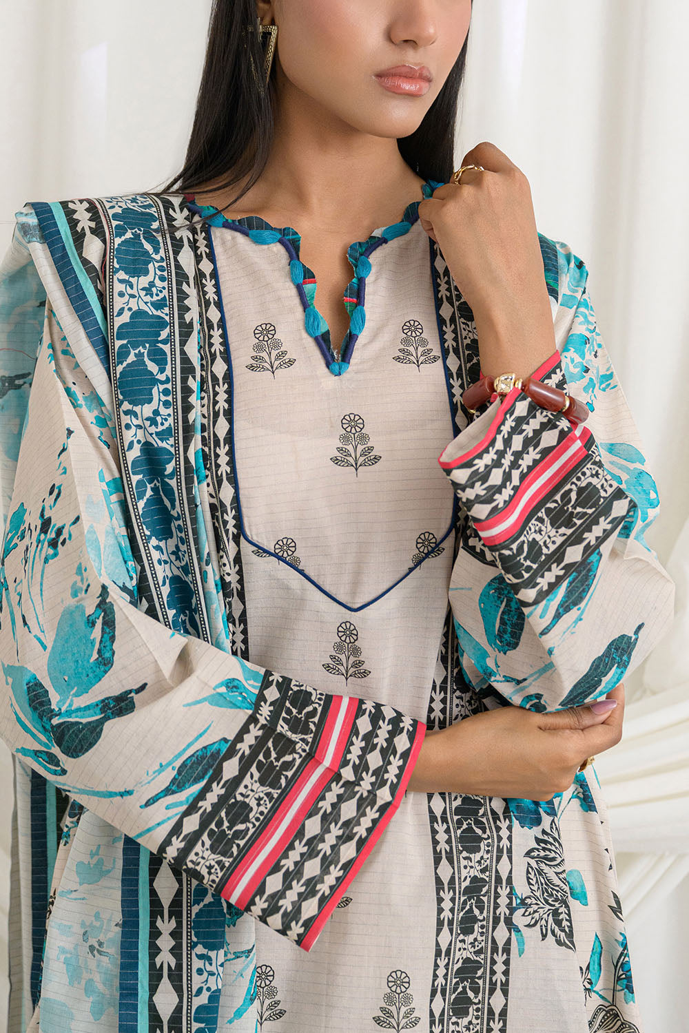 3 Piece Printed Mehsuri Stripe Lawn Suit With Printed Mehsuri Stripe Lawn Dupatta And Dyed Trouser