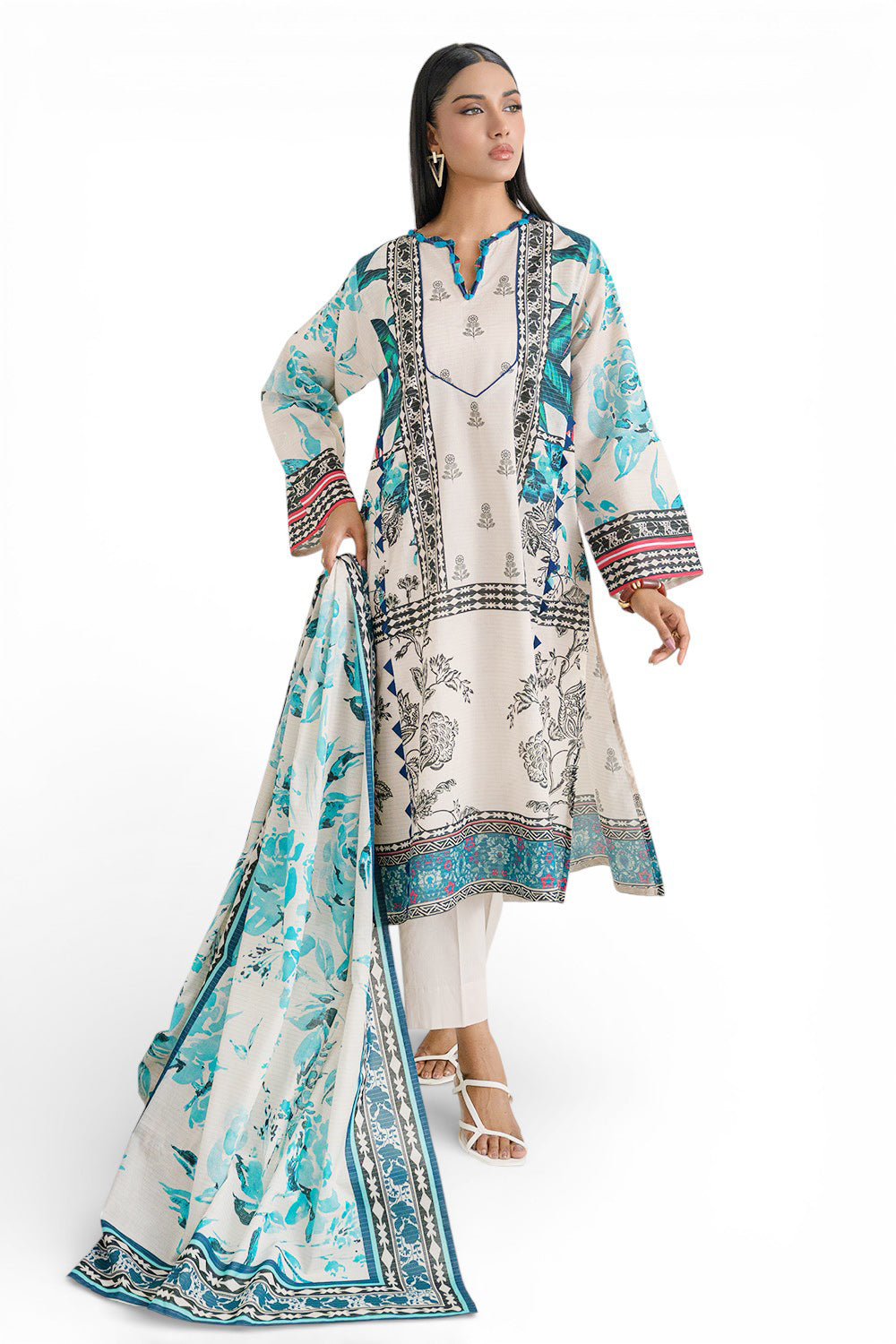 3 Piece Printed Mehsuri Stripe Lawn Suit with Printed Mehsuri Stripe Lawn Dupatta and Dyed Trouser