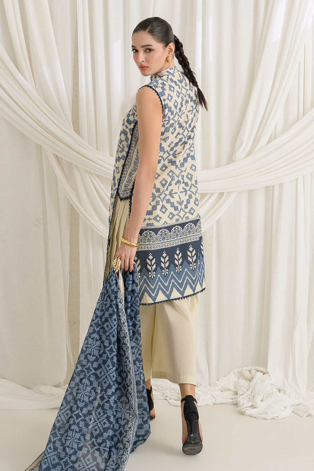 3 Piece Printed Mehsuri Stripe Lawn Suit with Printed Mehsuri Stripe Lawn Dupatta and Dyed Trouser