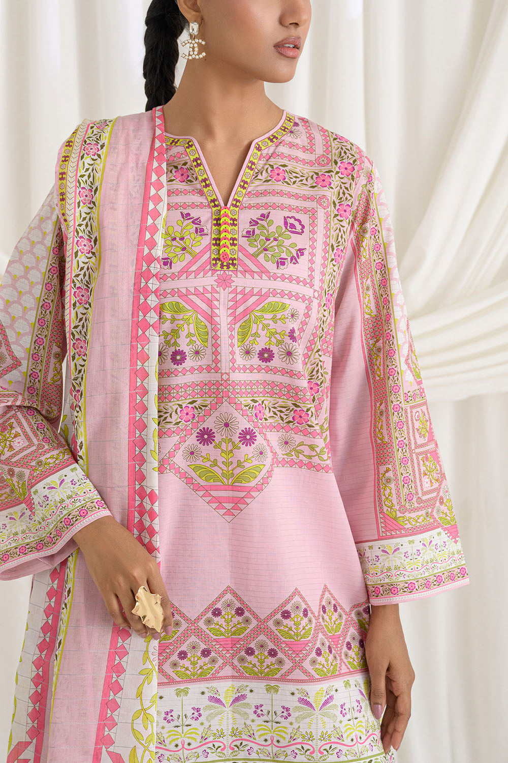 3 Piece Printed Mehsuri Stripe Lawn Suit With Printed Mehsuri Stripe Lawn Dupatta And Dyed Trouser