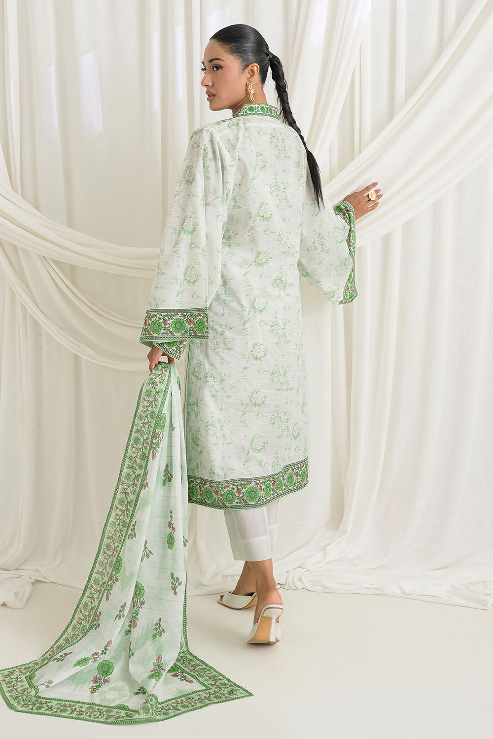 3 Piece Printed Mehsuri Stripe Lawn Suit with Printed Mehsuri Stripe Lawn Dupatta and Dyed Trouser