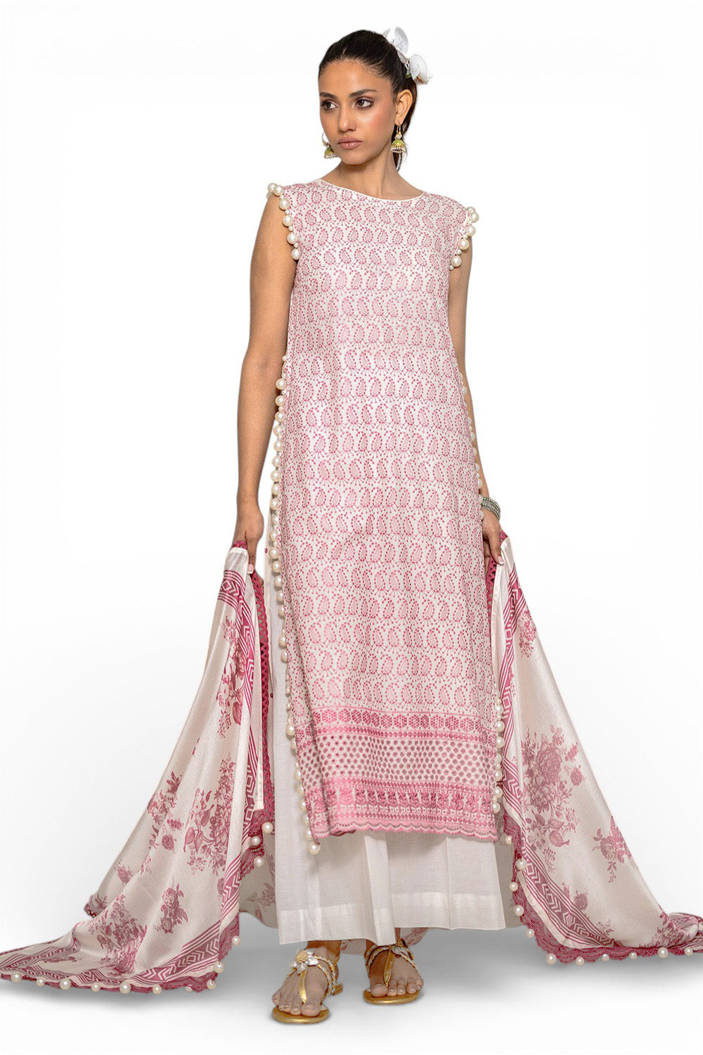 3 Piece Schiffli Embroidered Lawn Suit with Silk Dupatta