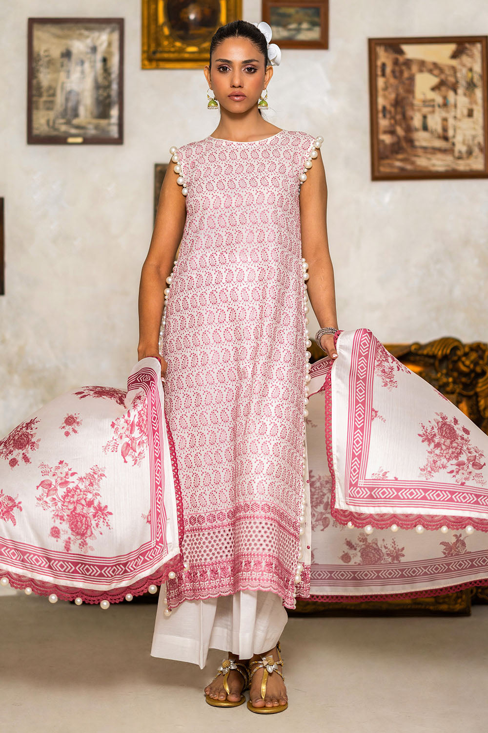 3 Piece Schiffli Embroidered Lawn Suit with Silk Dupatta