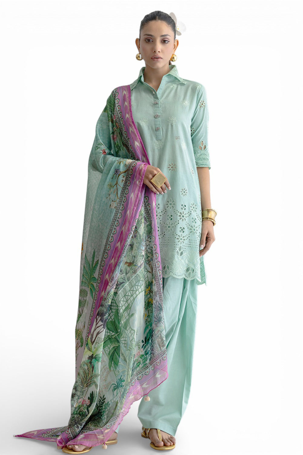 3 Piece Schiffli Embroidered Lawn Suit with Silk Dupatta
