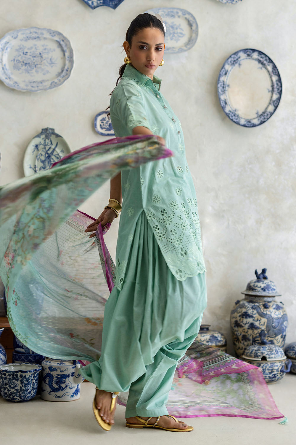 3 Piece Schiffli Embroidered Lawn Suit with Silk Dupatta