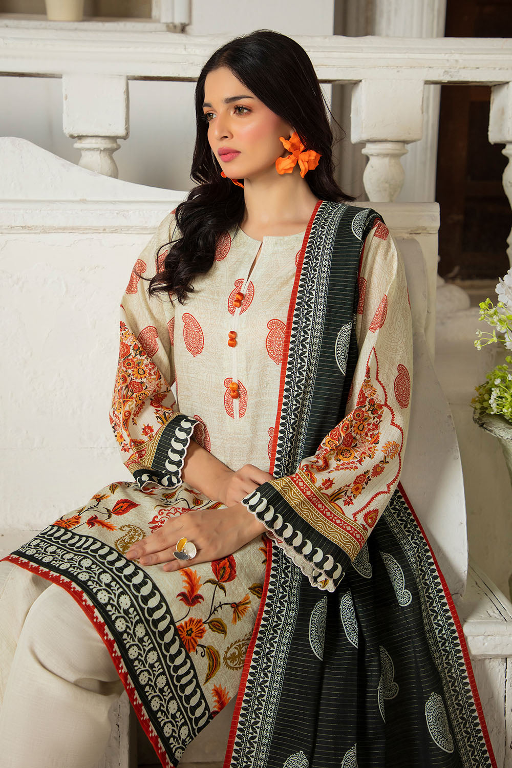 3 Piece Printed Stripe Khaddar Suit With Dupatta