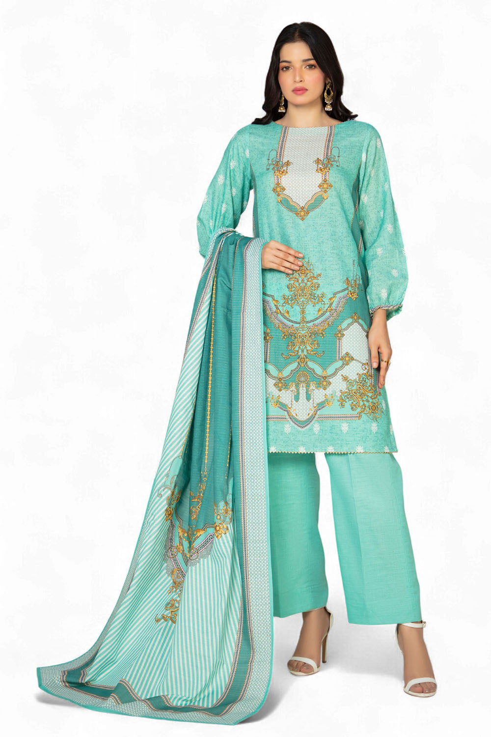 3 Piece Printed Stripe Khaddar Suit With Dupatta