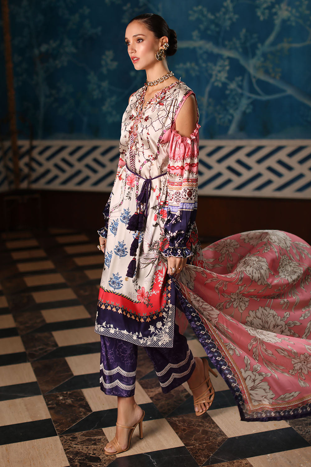 3 Piece Printed Charmeuse Silk Suit with Embroidered Organza Details and Printed Tissue Silk Dupatta