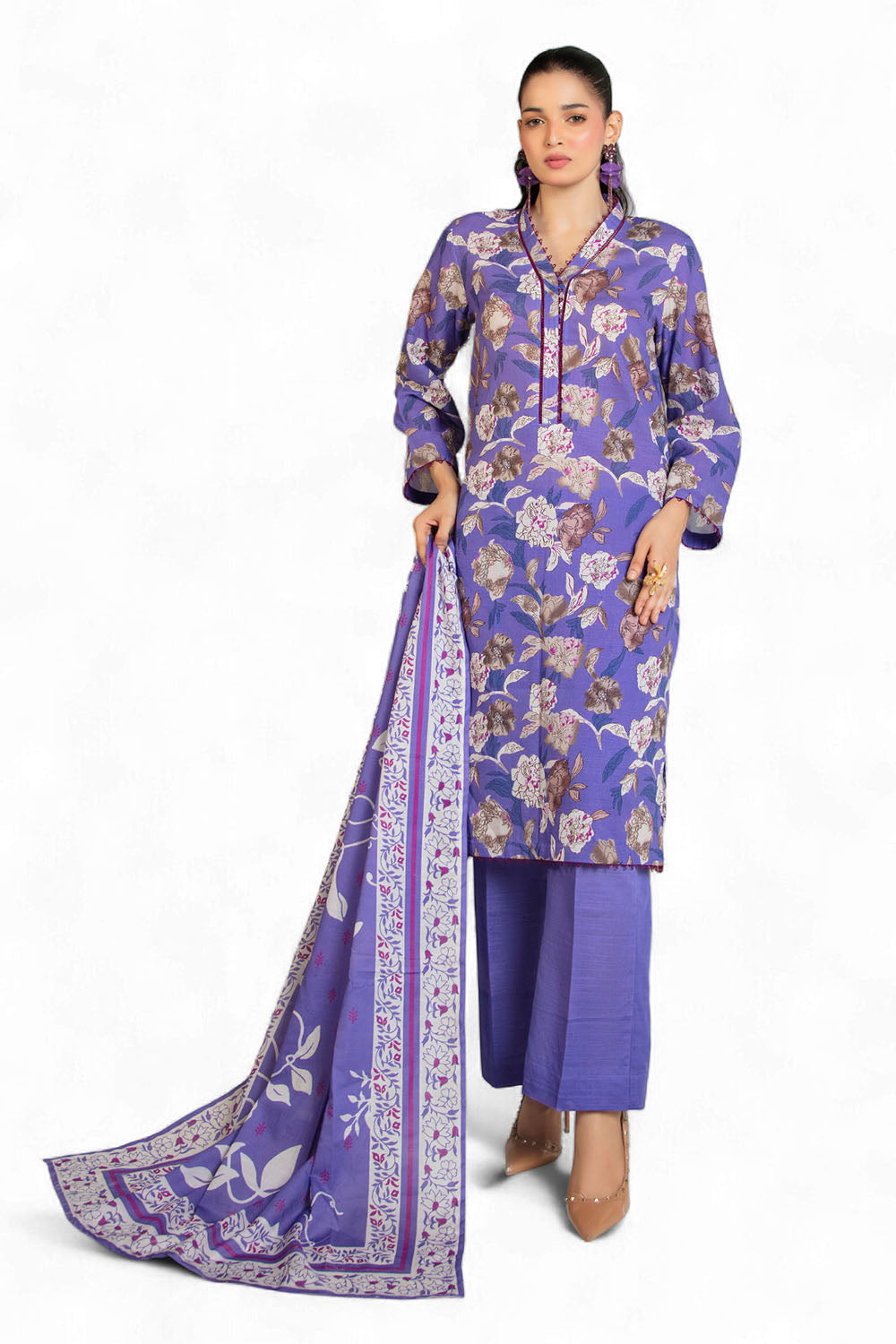3 Piece Printed Zari Cotton & Khaddar Suit With Dupatta