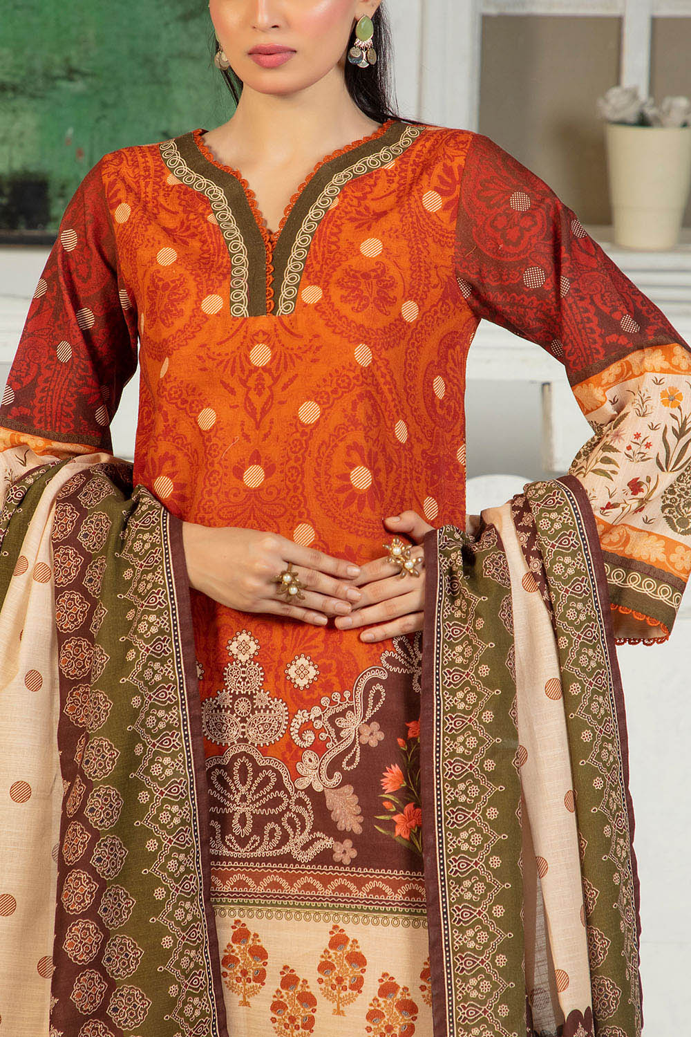 3 Piece Printed Zari Cotton & Khaddar Suit with Dupatta