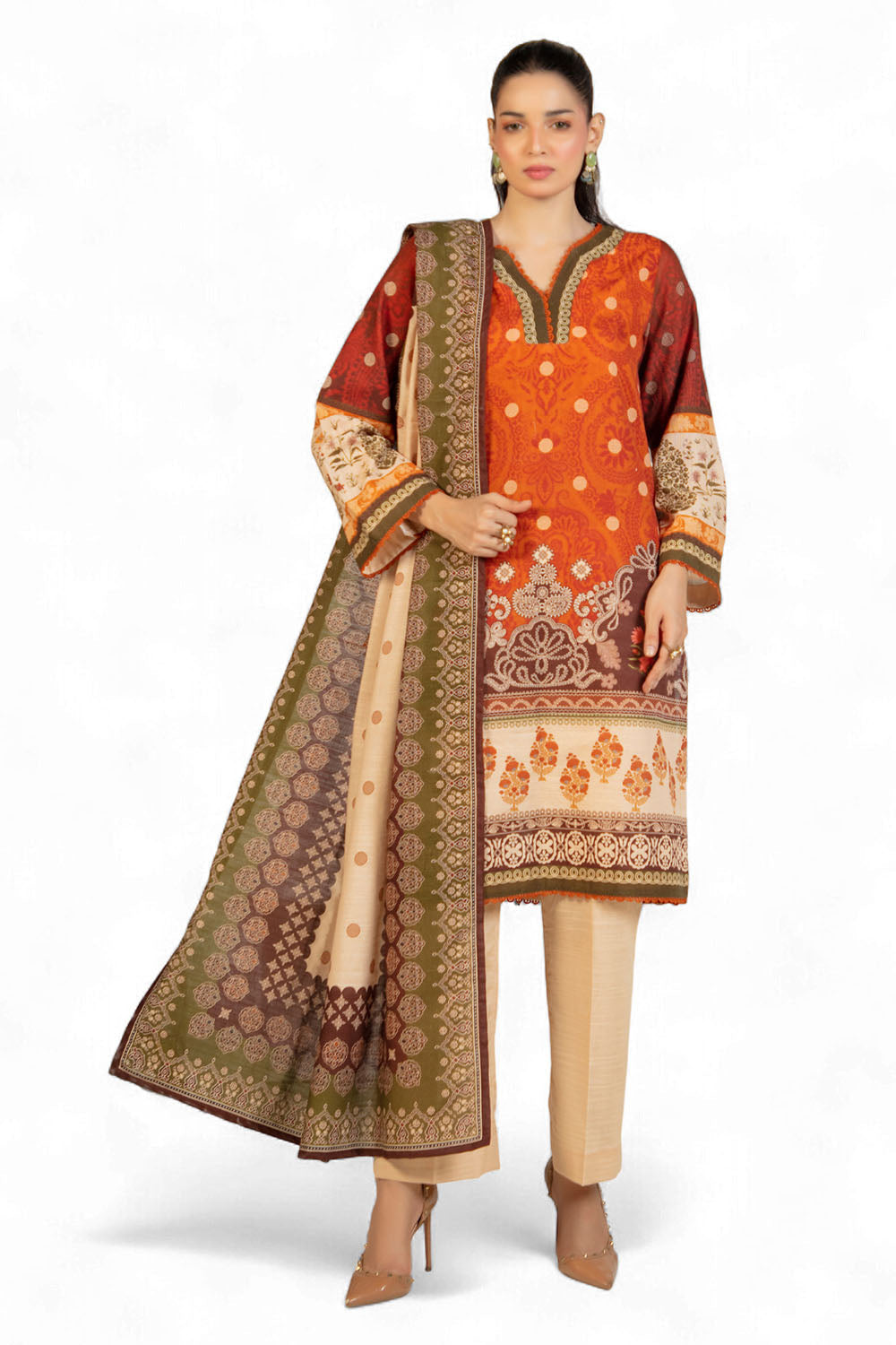 3 Piece Printed Zari Cotton & Khaddar Suit with Dupatta