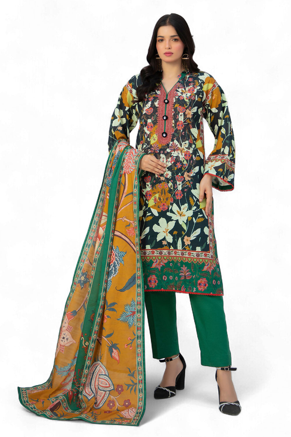 3 Piece Printed Zari Cotton & Khaddar Suit with Dupatta