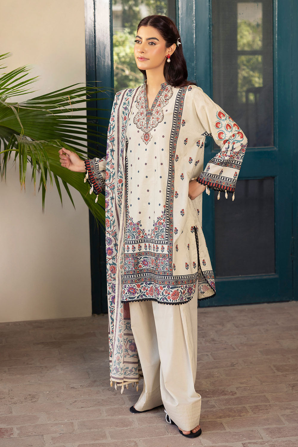 3 Piece Printed Zari Stripe Self Jacquard Suit with Dupatta