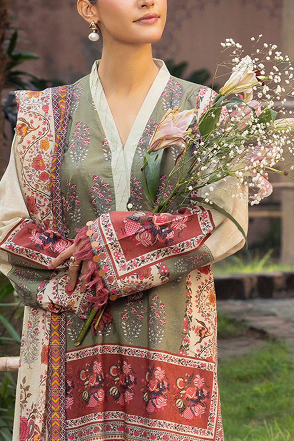 3 Piece Printed Zari Stripe Self Jacquard Suit with Dupatta
