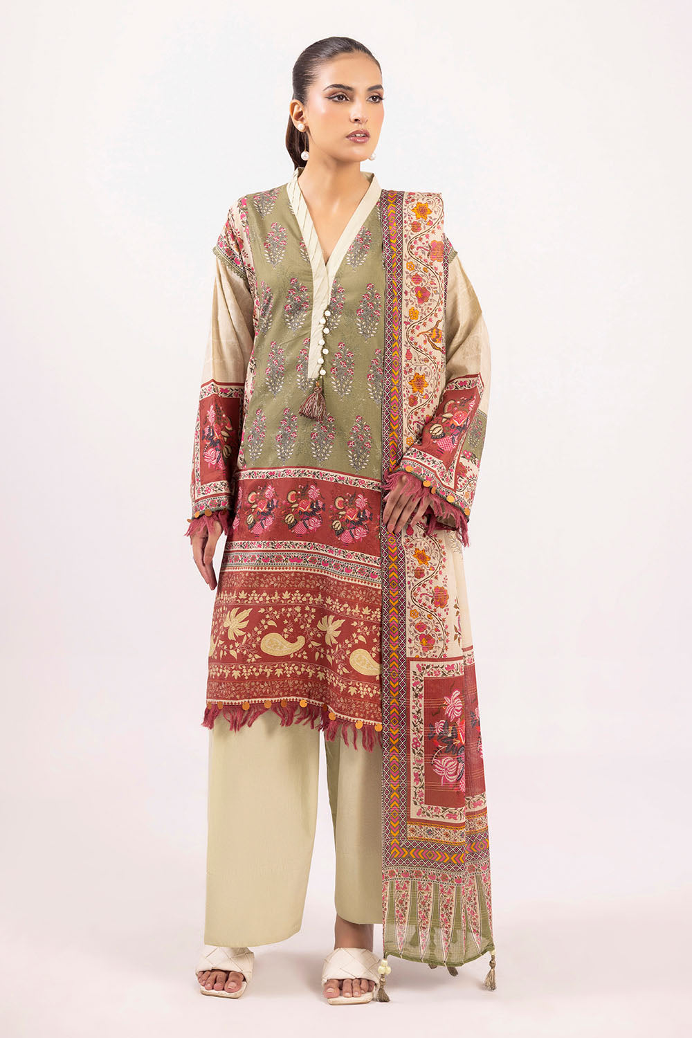 3 Piece Printed Zari Stripe Self Jacquard Suit with Dupatta