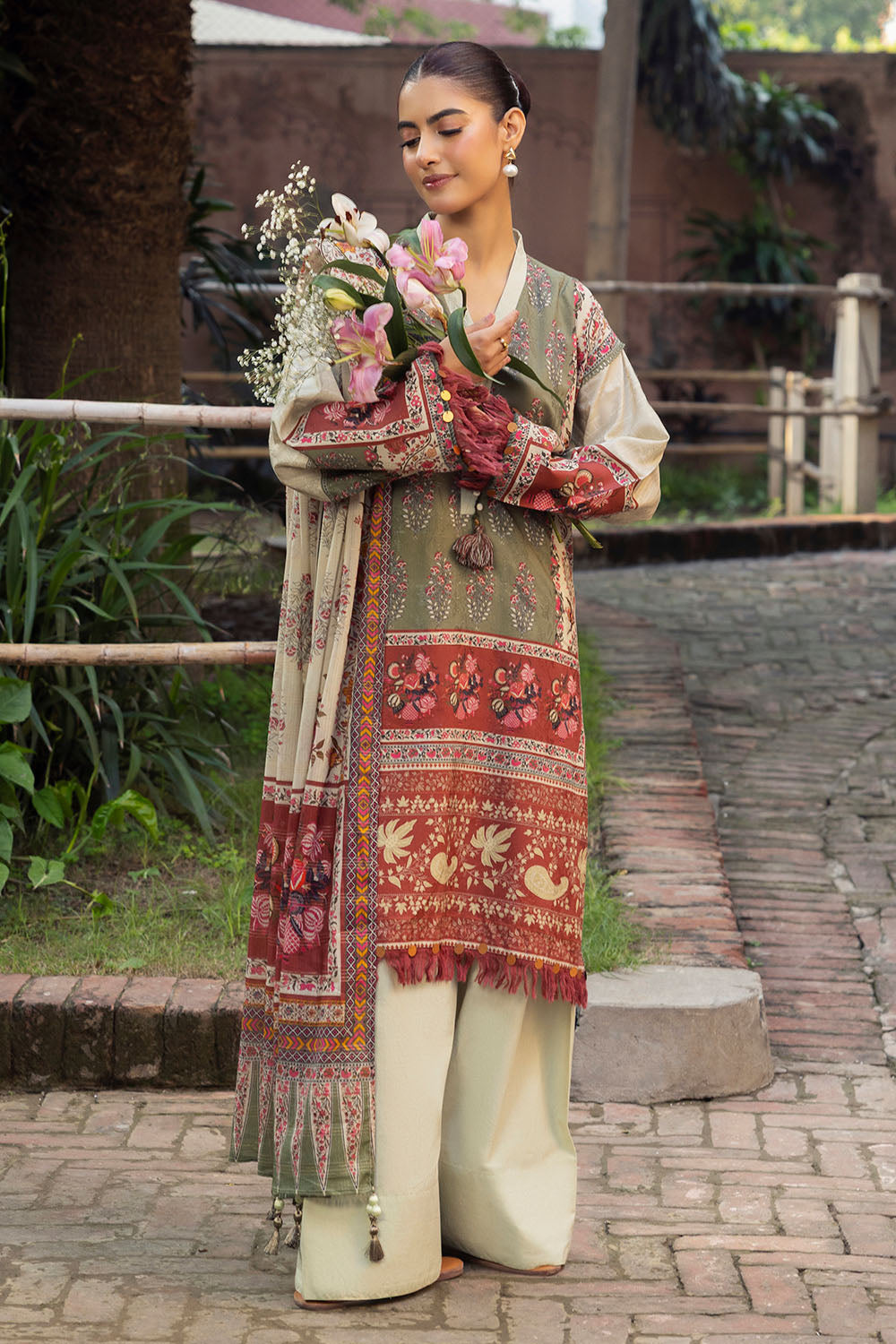 3 Piece Printed Zari Stripe Self Jacquard Suit with Dupatta