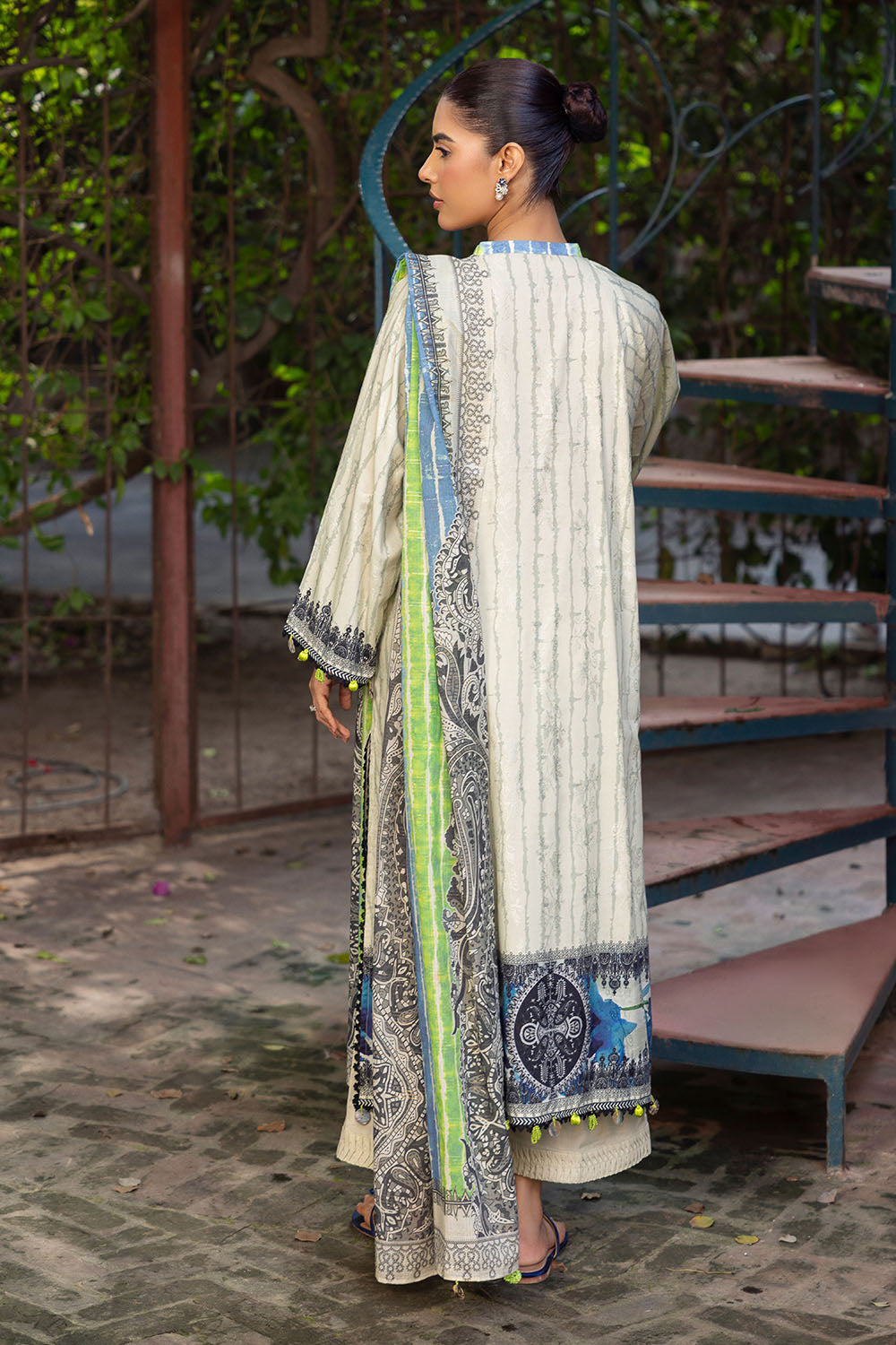 3 Piece Printed Zari Stripe Self Jacquard Suit with Dupatta