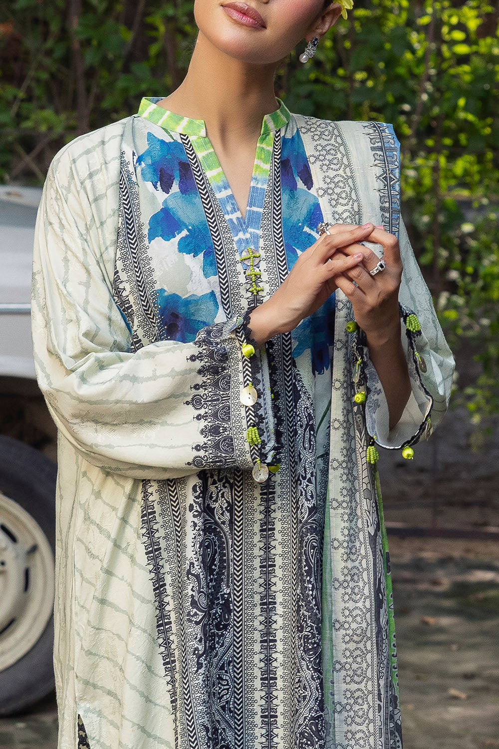 3 Piece Printed Zari Stripe Self Jacquard Suit with Dupatta