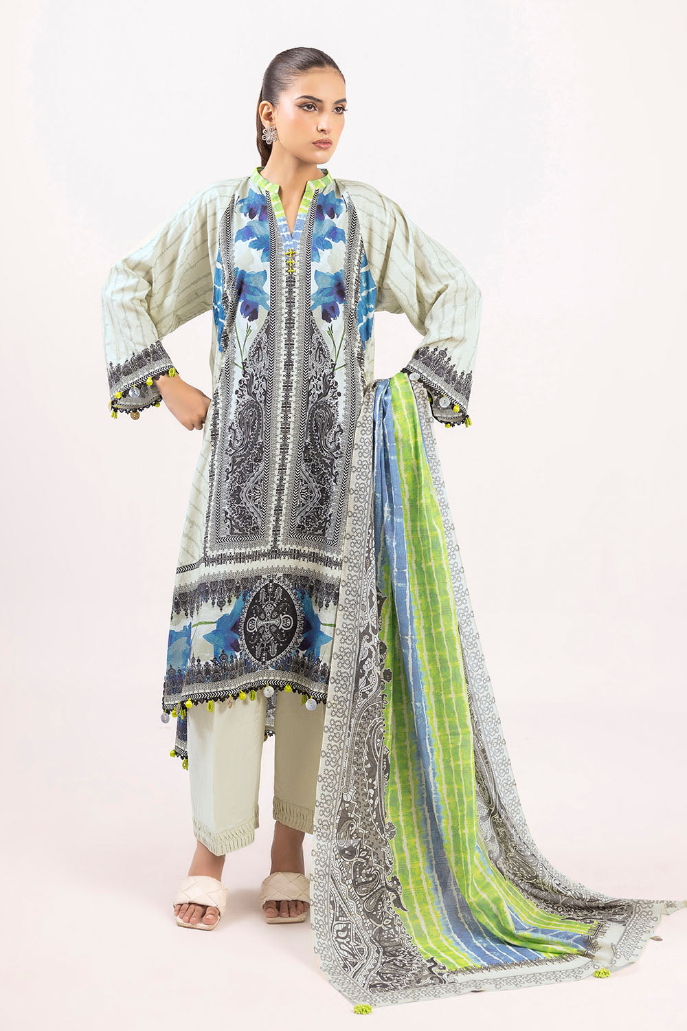 3 Piece Printed Zari Stripe Self Jacquard Suit with Dupatta