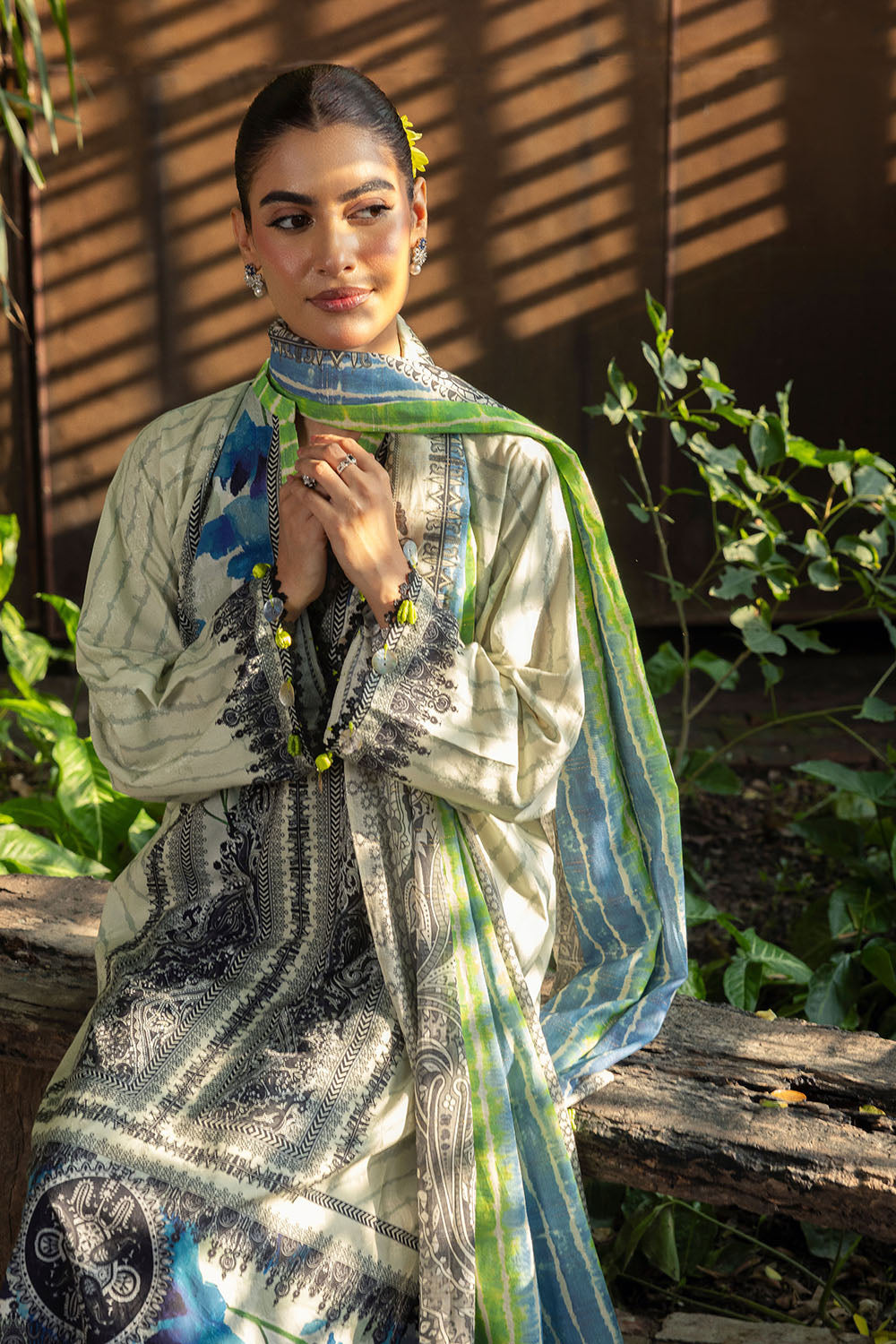 3 Piece Printed Zari Stripe Self Jacquard Suit with Dupatta