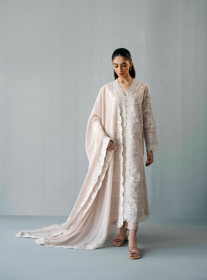 Pink & White Embroidered Long Tunic with Izaar& Chiffon Dupatta