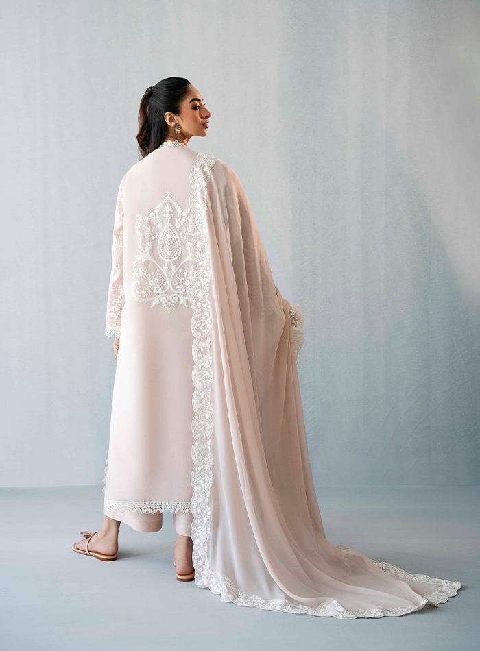 Pink & White Embroidered Long Tunic with Izaar& Chiffon Dupatta