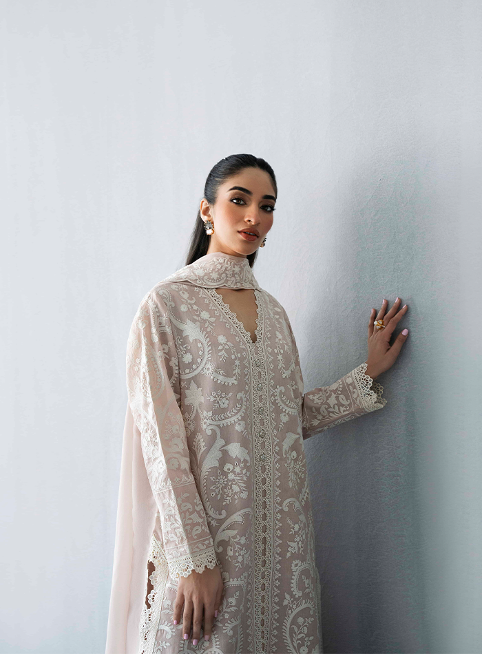 Pink & White Embroidered Long Tunic with Izaar& Chiffon Dupatta