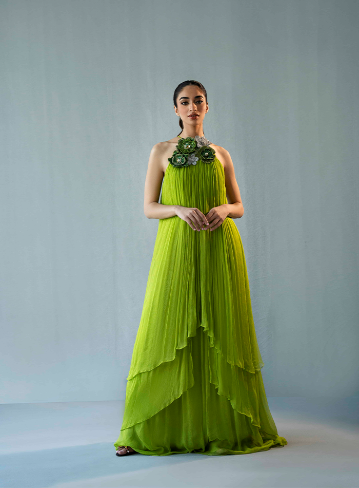 Green Chiffon Dress with 3D floral Embellished Neckline