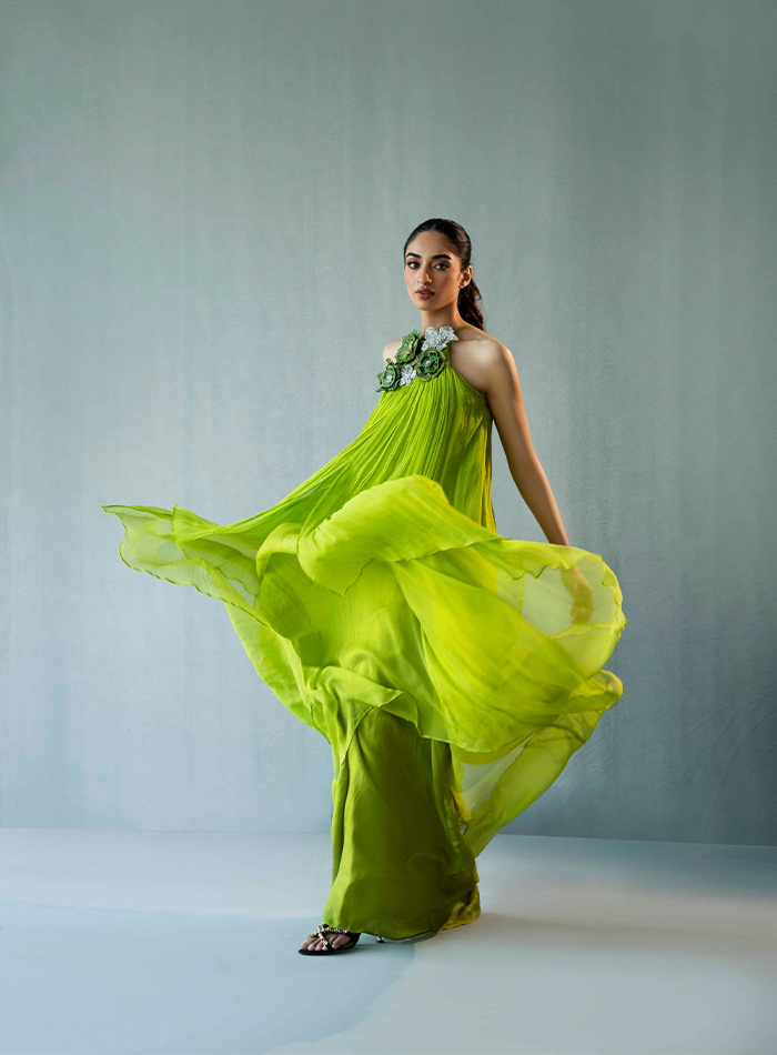 Green Chiffon Dress with 3D floral Embellished Neckline