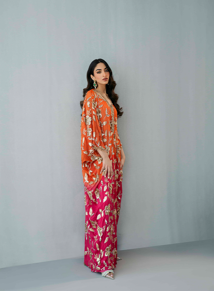 Ombrè Kaftan with Hand Embellished Neckline