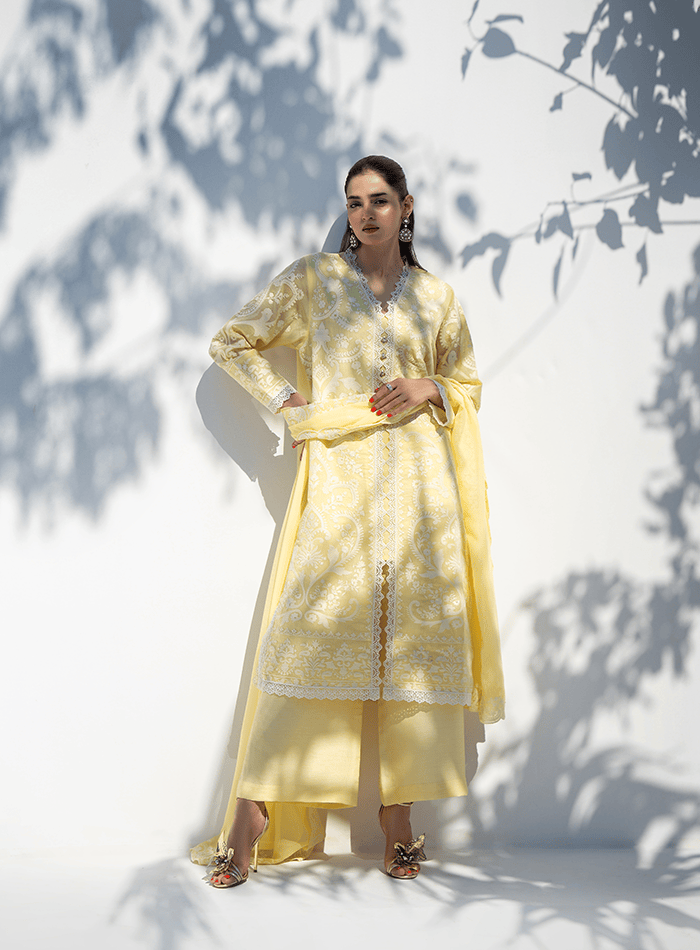 Yellow and White Embroidered Long Tunic with Embroidered Chiffon Dupatta and Izaar