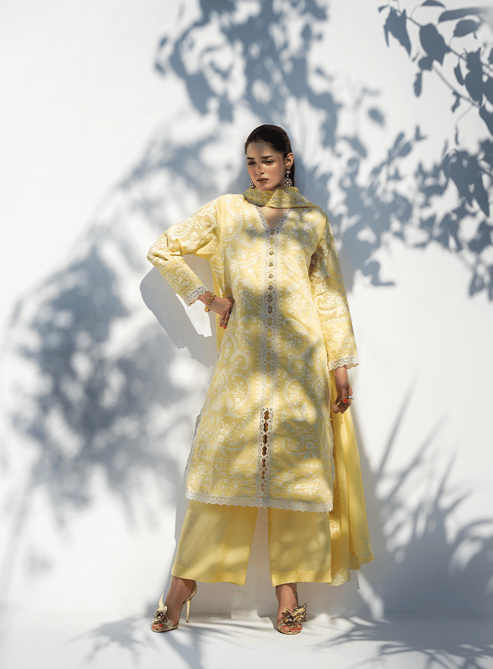 Yellow and White Embroidered Long Tunic with Embroidered Chiffon Dupatta and Izaar