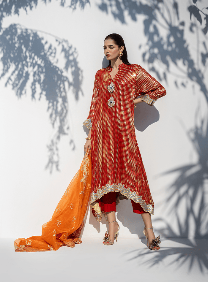 Red and Gold Sequinned Drop Hemline Tunic with Orange Organza Dupatta and Izaar