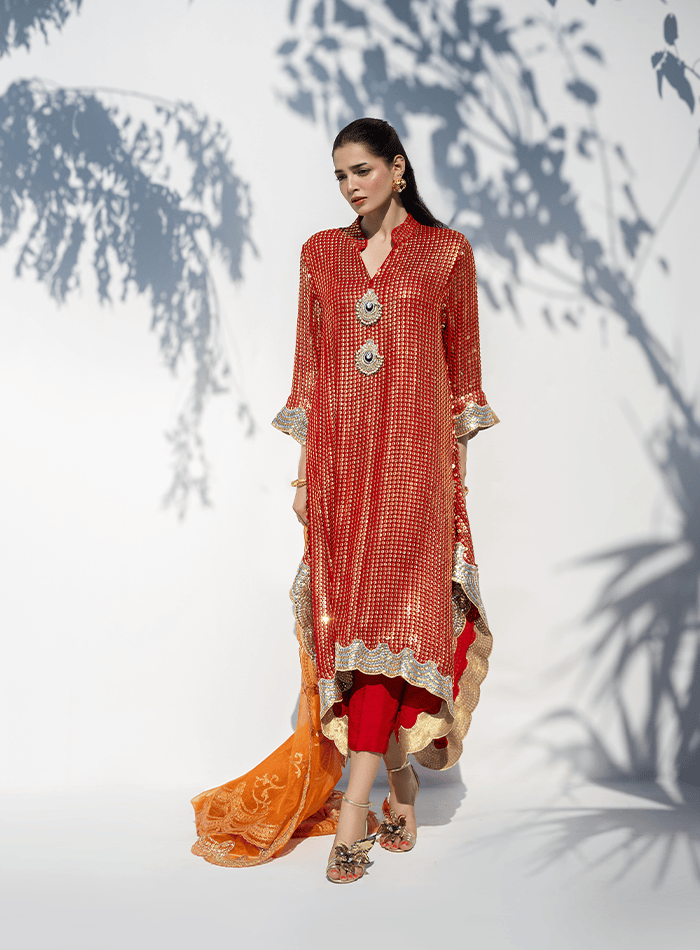 Red and Gold Sequinned Drop Hemline Tunic with Orange Organza Dupatta and Izaar