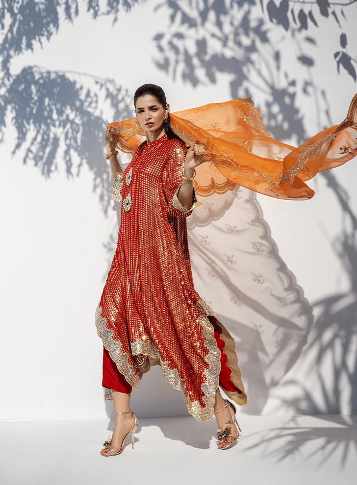 Red and Gold Sequinned Drop Hemline Tunic with Orange Organza Dupatta and Izaar