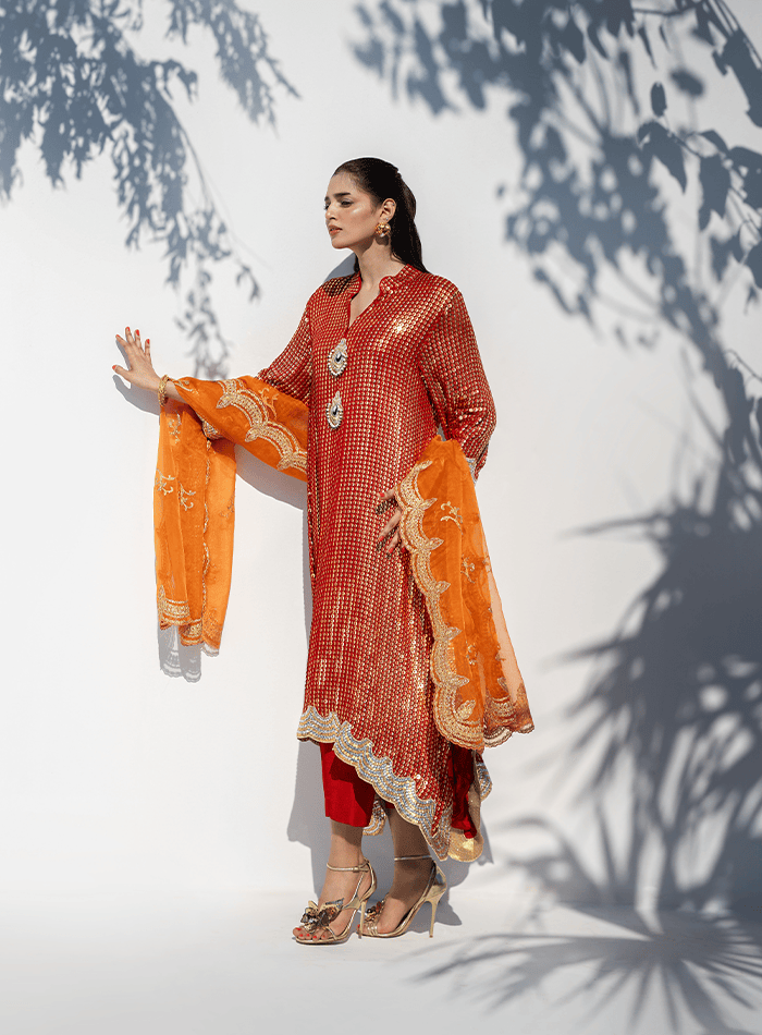 Red and Gold Sequinned Drop Hemline Tunic with Orange Organza Dupatta and Izaar