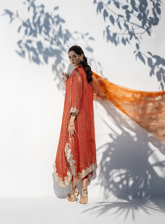 Red and Gold Sequinned Drop Hemline Tunic with Orange Organza Dupatta and Izaar