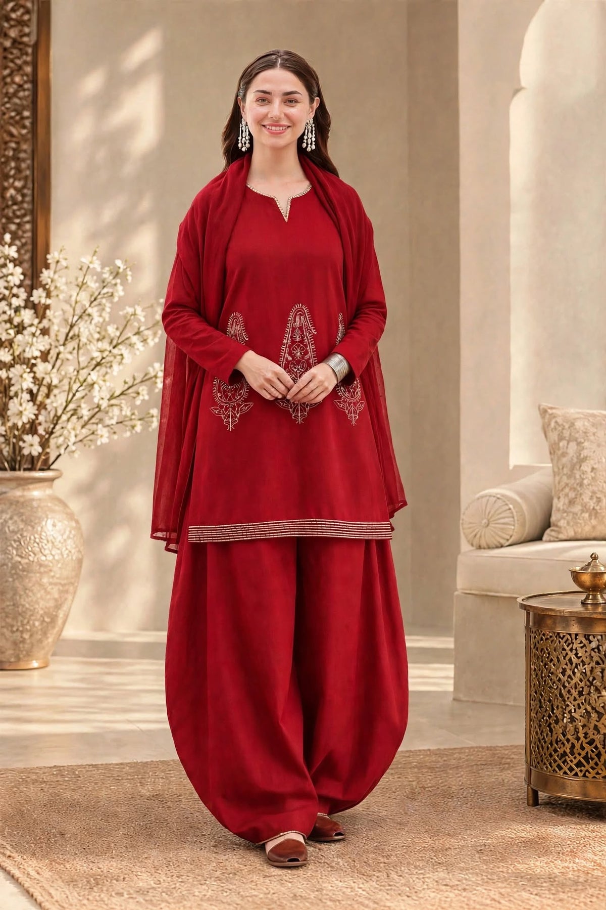 RED MAROON CHERRY- Plain Viscose Embroidered 3-Piece Suit for women
