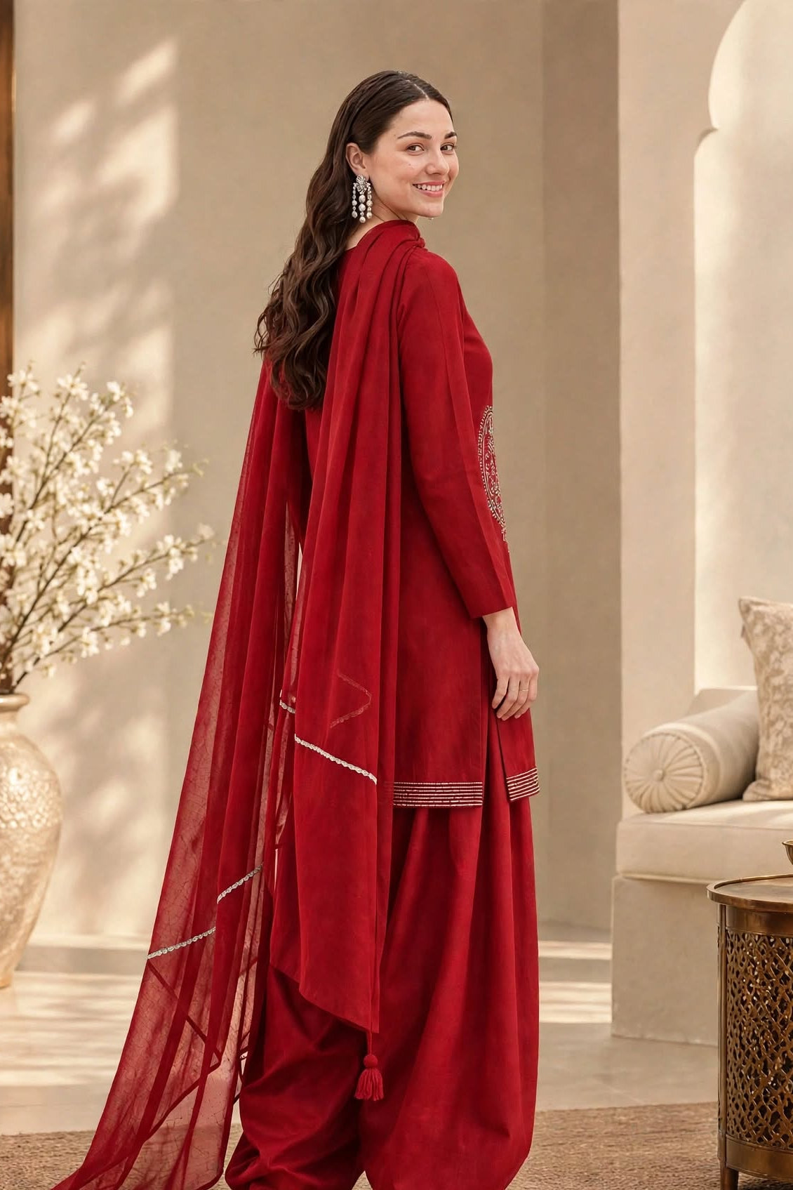 RED MAROON CHERRY- Plain Viscose Embroidered 3-Piece Suit for women
