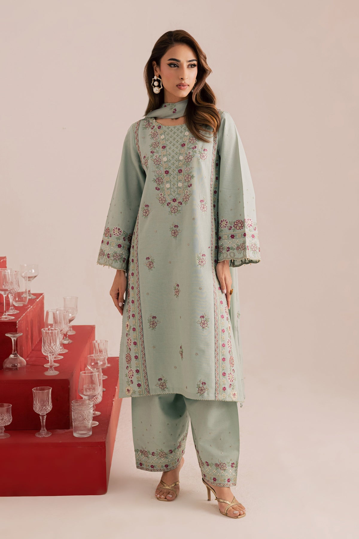 Reena 3Pc - Embroidered Khaddar Dress