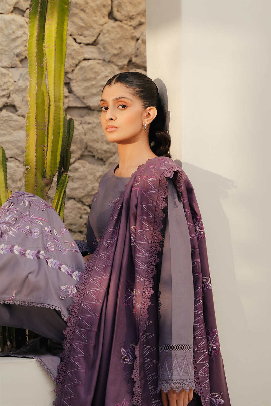 3 Piece - Embroidered Cotton Satin Suit With Embroidered Shawl - Fossil Mauve (Unstitched)