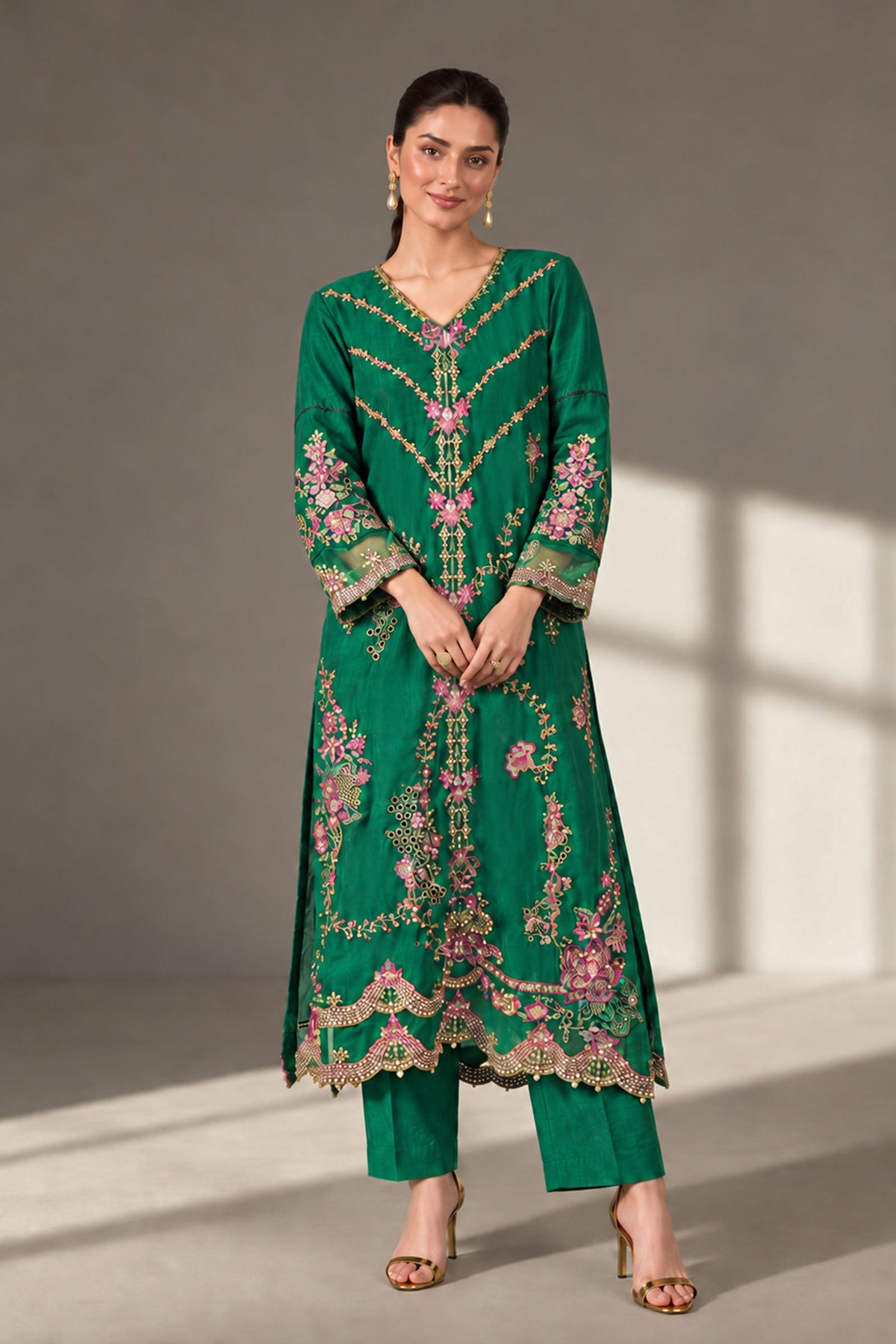 2 Piece Embroidered Tissue Silk Suit