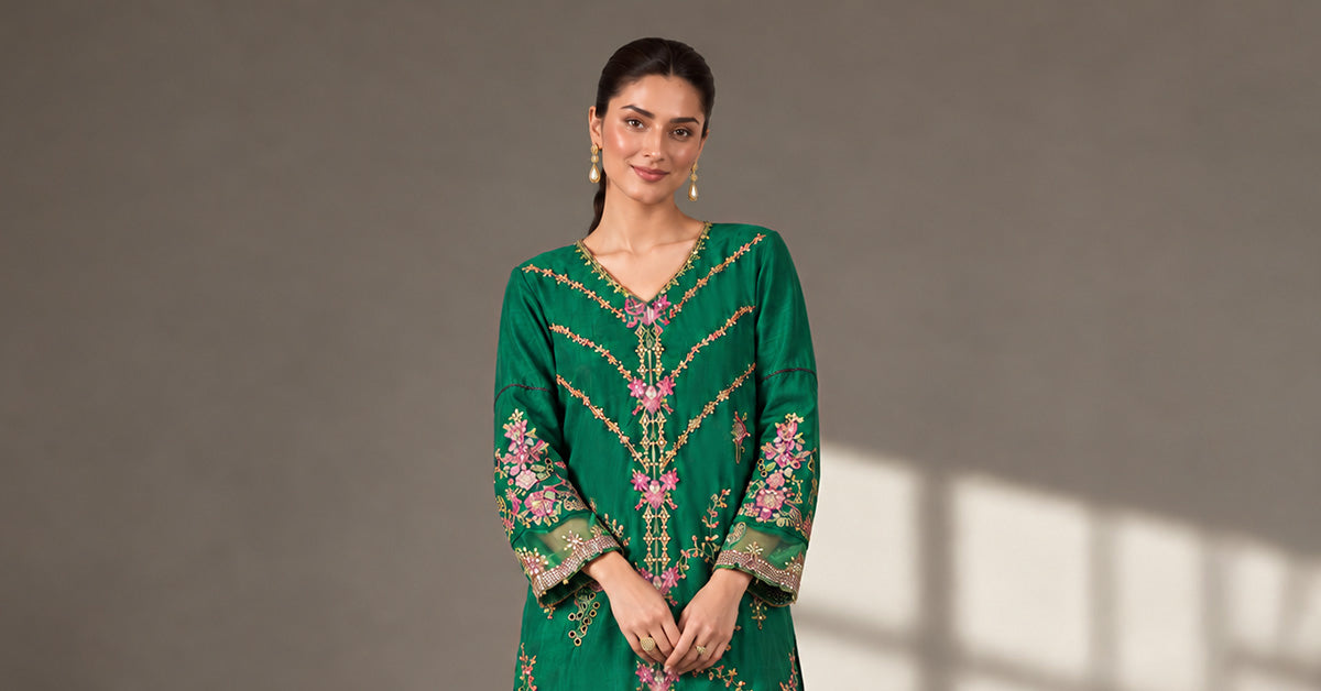 2 Piece Embroidered Tissue Silk Suit