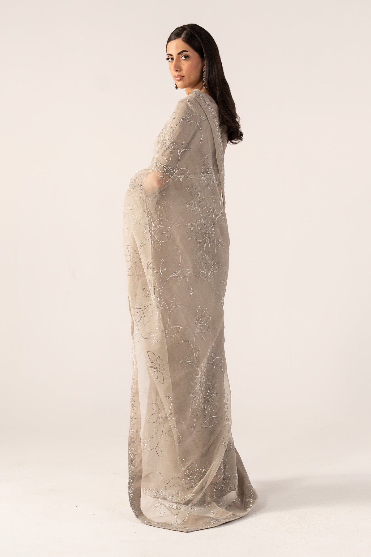 Embellished Chiffon Saree - SFP2602-ESM-GRY