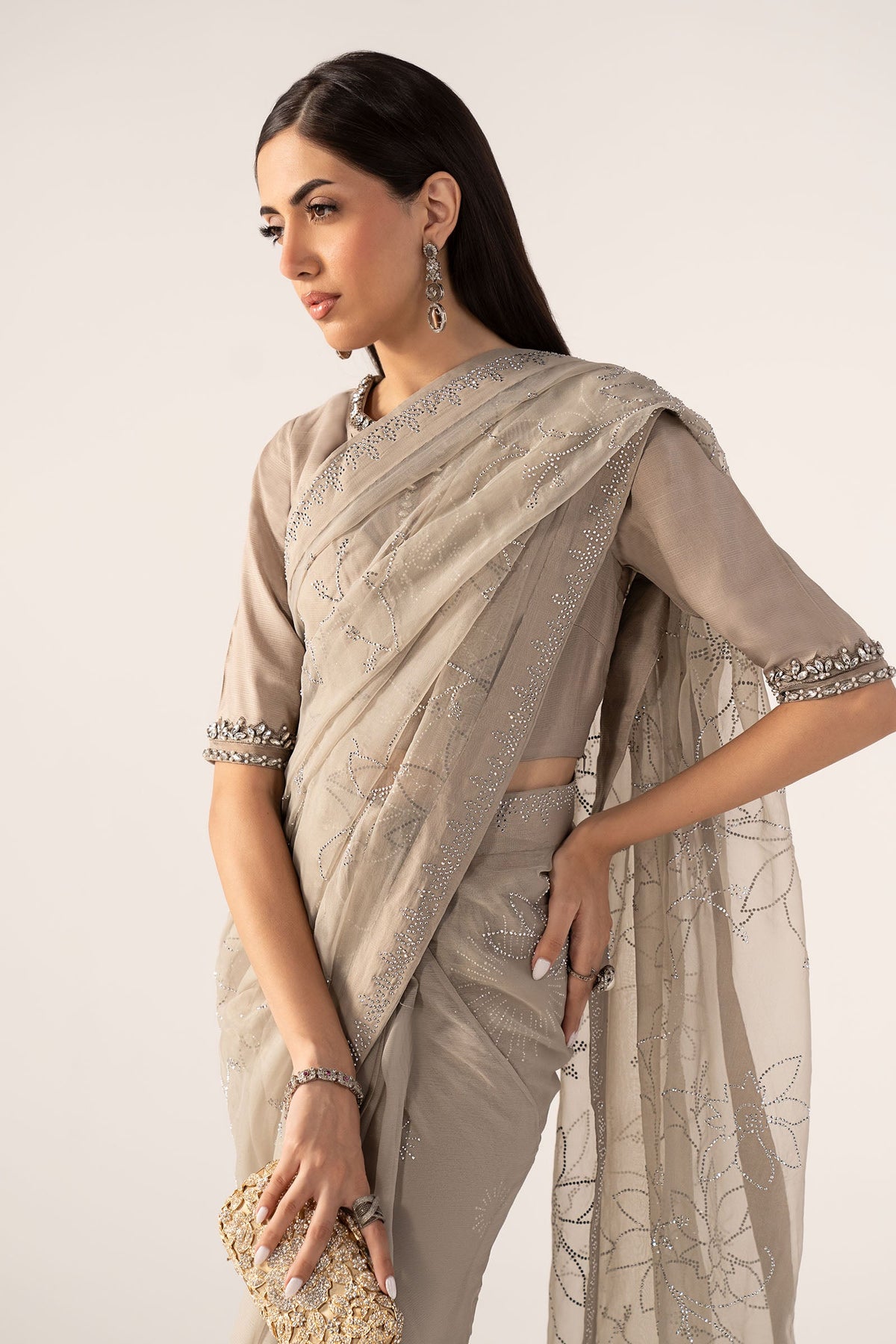 Embellished Chiffon Saree - SFP2602-ESM-GRY